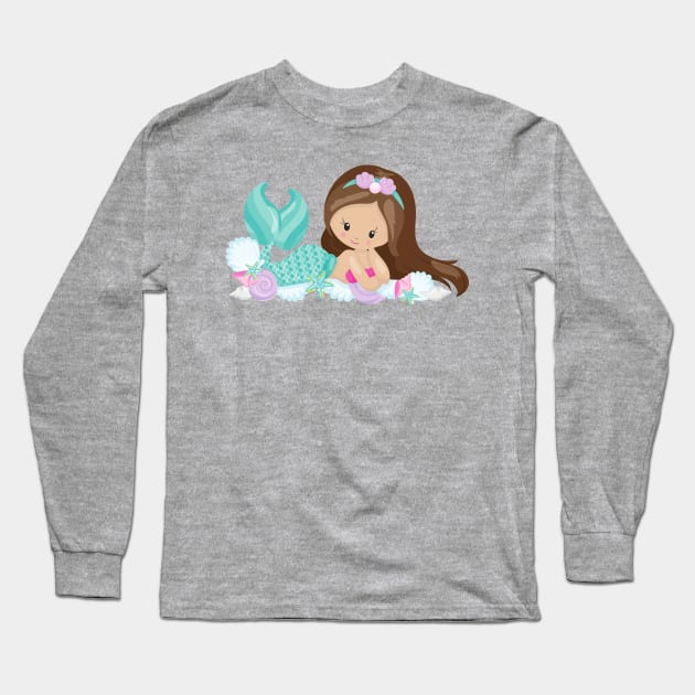 Little Mermaid, Cute Mermaid, Shells, Brown Hair Long Sleeve T-Shirt by Jelena Dunčević